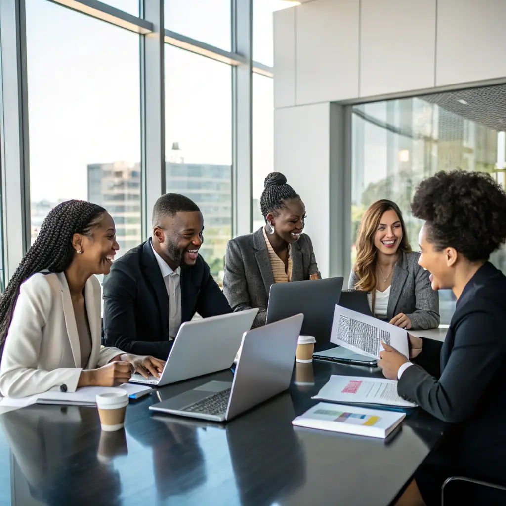 A diverse team of consultants collaborating on a project in a modern office setting, symbolizing the firm's global reach and collaborative approach.